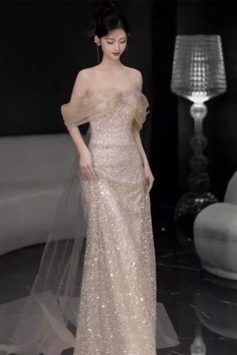 Champagne Glittering Strapless Gown with Tulle Off-Shoulder Detail – Perfect for Weddings and Gala Events