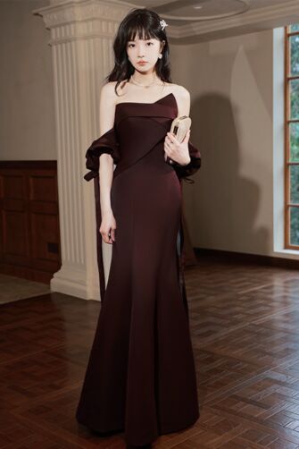 Burgundy Off-Shoulder Satin Evening Gown with Flowing Sleeves – Elegant for Formal Occasions
