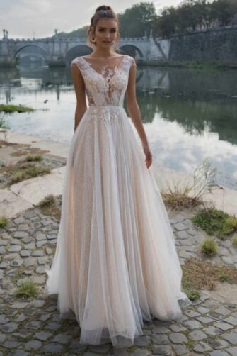 Lace V-Neck A-Line Gown with  Train for Formal Events