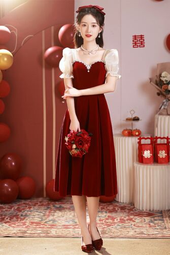 Burgundy Velvet Midi Dress with Puff Sleeves and Pearl Embellishments – Perfect for Parties and Celebrations