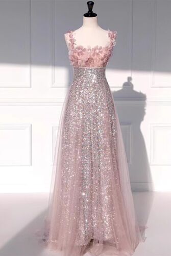 Blush Pink Floral Appliqué Sequin Gown with Tulle Overlay – Perfect for Weddings and Formal Events