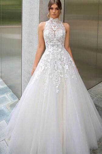 High-Neck Lace Ball Gown with Long Train for Formal Events
