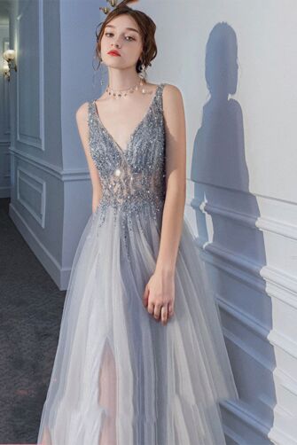 Silver Beaded V-Neck Tulle Gown with Slit – Perfect for Evening Soirees and Formal Events
