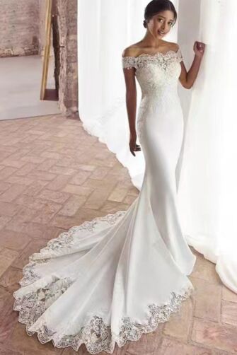 Off-the-Shoulder Lace and Satin Mermaid Gown with Long Train for Formal Events