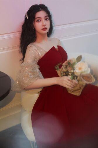 Red Velvet Sweetheart Gown with Sheer Pearl Sleeves – Perfect for Formal Events and Special Occasions
