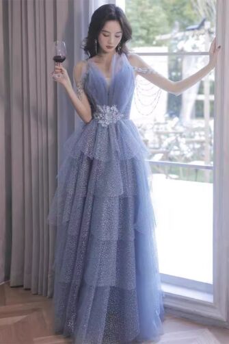 Dusty Blue Tiered Tulle Gown with Shoulder Drapes – Perfect for Weddings and Formal Events