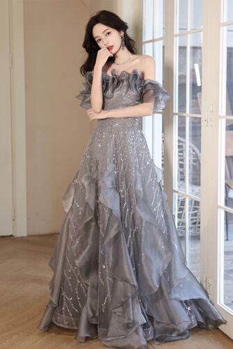 Silver Ruffle Off-Shoulder Ball Gown – Perfect for Weddings and Formal Events