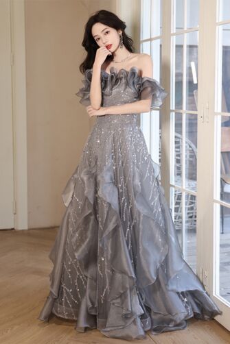 Twilight Elegance – Off-Shoulder Ruffled Sequin Tulle Gown