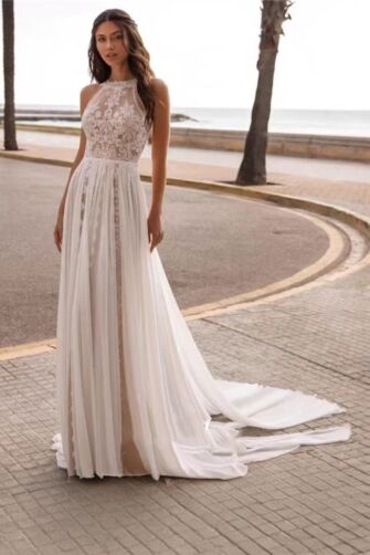 High-Neck Lace Bodice Flowy Tulle Gown with Long Train for Beach Weddings