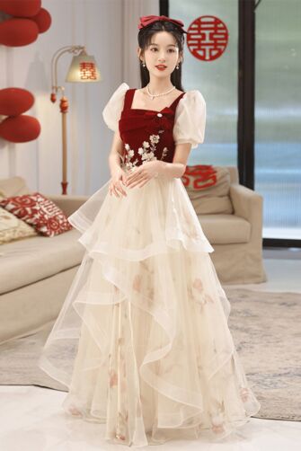 Romantic Burgundy Velvet and White Tulle Gown with Floral Embroidery – Perfect for Weddings and Formal Occasions