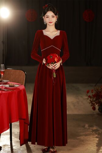 Crimson Velvet Long-Sleeve Gown with Lace Detail – Perfect for Weddings and Formal Events