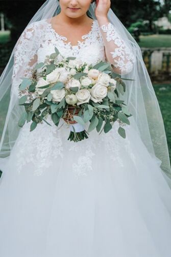 Long-Sleeve Lace V-Neck Ball Gown with Long Train for Wedding