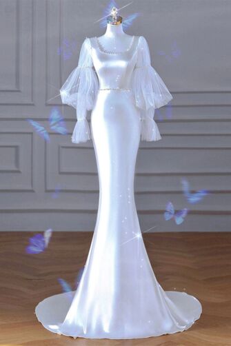 White Satin Mermaid Gown with Puffy Tulle Sleeves – Ideal for Elegant Evening Parties and Weddings