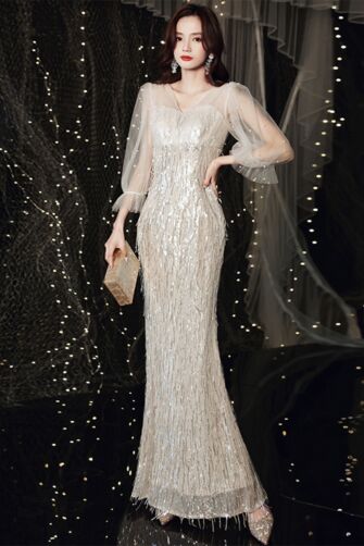 Glamorous Silver Sequin Gown – Luxe Beaded Dress with Sheer Sleeves for Evening Elegance