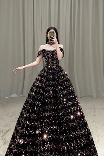 Celestial Nightfall Sequin Gown – Off-Shoulder Black Ball Gown