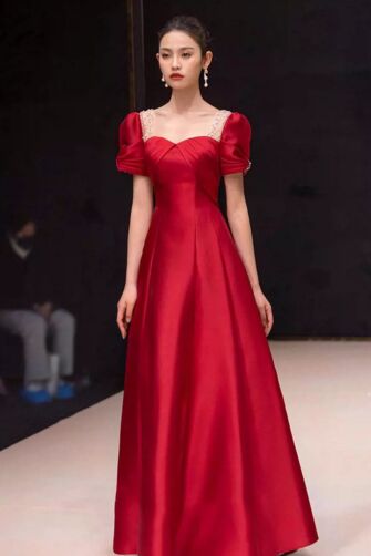 Classic Red Satin Off-Shoulder Gown with Lace Detailing