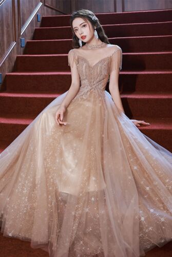 Shimmering Champagne Starry Tulle Gown with Fringe Shoulders – Perfect for Formal Soirees