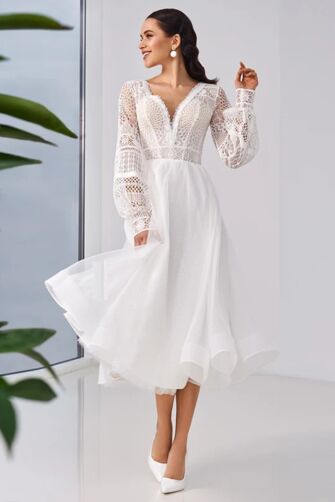 Long-Sleeve Lace Bodice A-Line Midi Dress with Flared Skirt for Formal Events