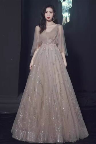 Dusty Taupe V-Neck Sparkling Tulle Ball Gown – Perfect for Weddings and Formal Events