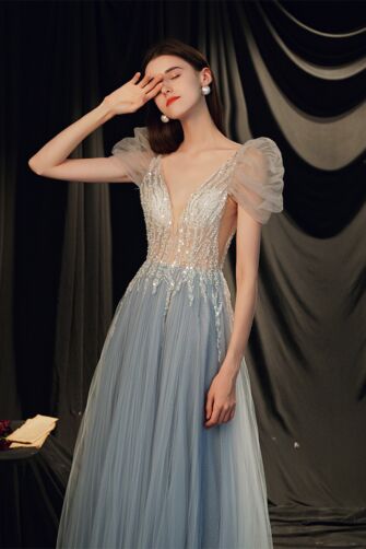 Icy Blue Enchanted Gown – Beaded Tulle Dress with Puffy Sleeves and Deep V-Neck