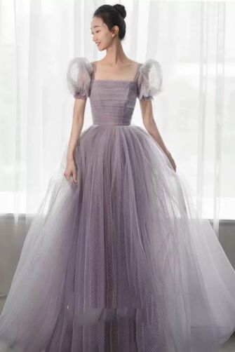 Lavender Dream Ball Gown – Elegant Tulle Dress with Puffy Sleeves & Square Neckline
