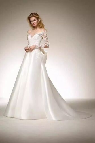 Long-Sleeve Off-the-Shoulder Lace and Satin Mermaid Gown with Long Train for Formal Events