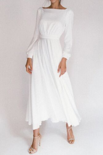 White Boatneck Long-Sleeve Ballgown