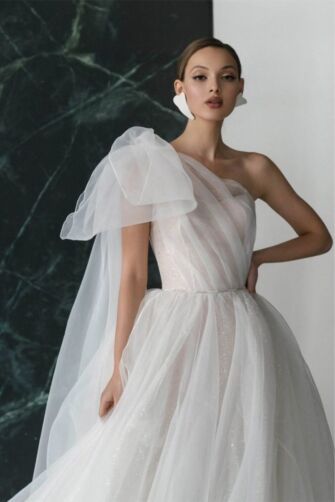 One-Shoulder Puff Sleeve Tulle Gown with Long Train for Evening Events