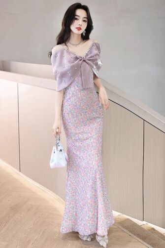 Charming Pastel Floral Evening Gown with Dainty Bow Capelet