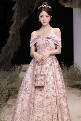 Elegant Off-Shoulder Pink Floral Brocade Ball Gown – Perfect for Proms and Special Occasions