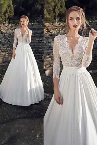 Lace Illusion V-Neck Ball Gown with Long Sleeves and Full Skirt