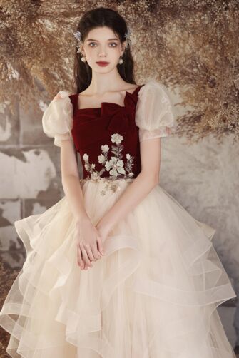 Romantic Burgundy Velvet and Tulle Gown with Floral Embroidery – Perfect for Weddings and Formal Occasions