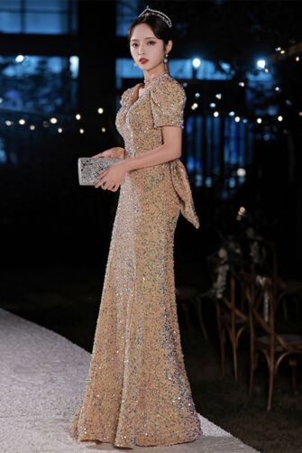 Gold Sequin Short-Sleeve Gown with Bow Accent – Perfect for Weddings and Evening Soirées