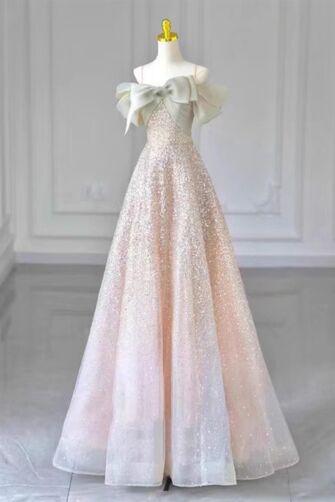Pink Sparkling Off-Shoulder Evening Gown with Bow - Perfect for Weddings and Formal Events