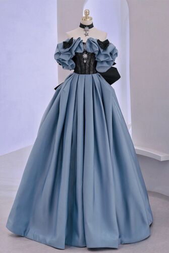 Elegant Dusty Blue Off-Shoulder Ball Gown - Luxurious Ruffled Dress with Corset Bodice for Engagements and Formal Occasions