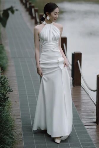 White Halter Neck Satin Gown – Perfect for Weddings and Formal Occasions
