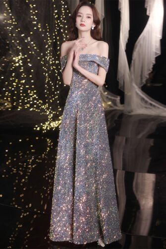 Radiant Stardust Sequin Gown with Off-Shoulder Elegance – Ideal for Formal and Evening Events