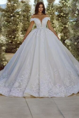 Off-the-Shoulder Lace Ball Gown with Long Train for Formal Events
