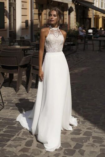 High-Neck Lace Bodice A-Line Gown with Long Train for Formal Events