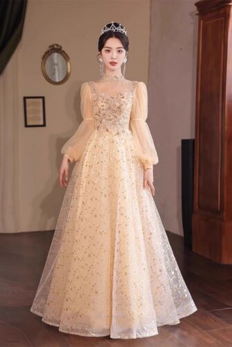 Champagne Sparkle Puff-Sleeve Ball Gown with Sheer Neckline – Perfect for Weddings and Formal Events