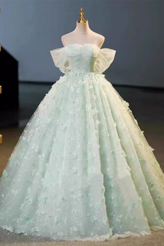 Mint Green Off-Shoulder 3D Floral Ball Gown – Perfect for Weddings and Formal Events