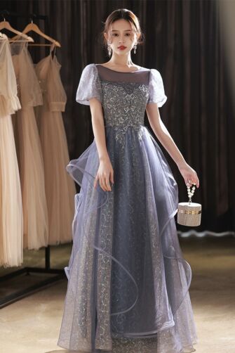 Lavender Sequin Puff-Sleeve A-Line Gown with Sheer Overlay – Perfect for Weddings and Formal Events