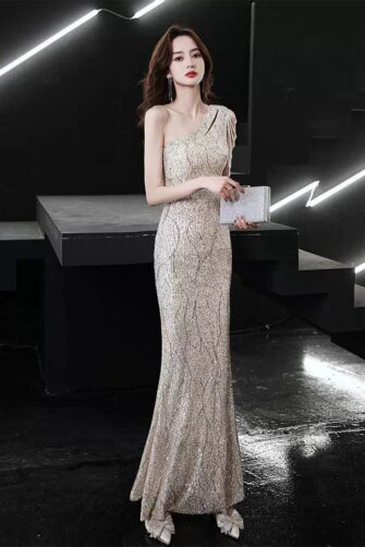 Champagne Sequin One-Shoulder Evening Gown – Perfect for Cocktail Parties and Red-Carpet Events