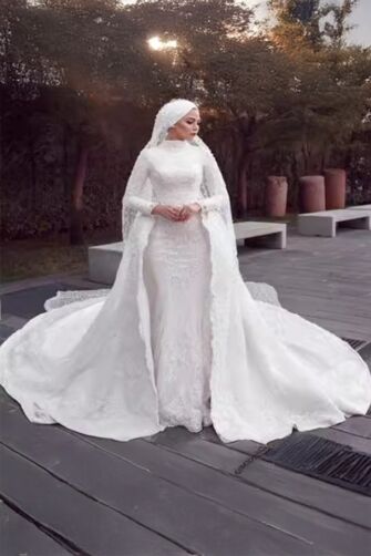 Lace High-Neck Mermaid Gown with Long Train for Formal Events