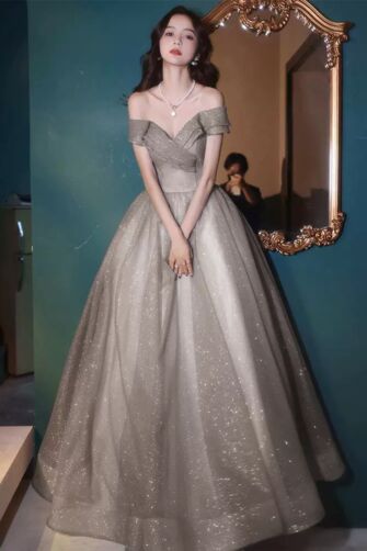 Sparkling Silver Off-Shoulder Tulle Gown – Elegant Evening Dress for Special Occasions