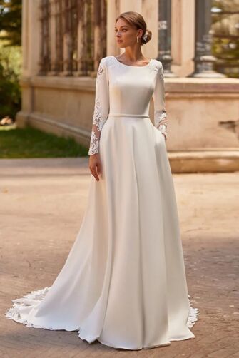 Long-Sleeve Bateau Neck A-Line Gown with Lace Detail and Long Train for Formal Events