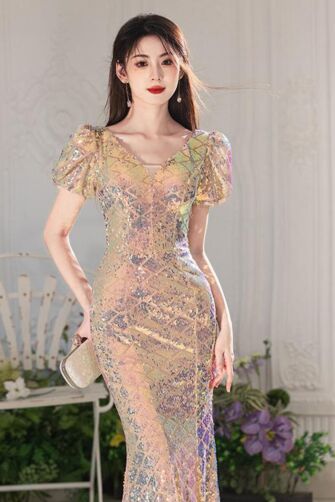 Iridescent Sequin Puff-Sleeve Evening Gown – Perfect for Cocktail Parties and Formal Events