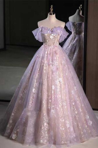Lilac Sparkling Off-Shoulder Ball Gown with Floral Appliqué – Perfect for Weddings and Formal Events