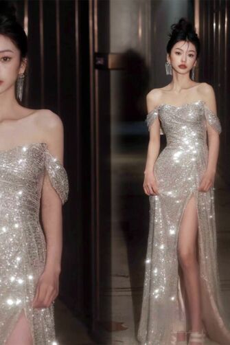 Celestial Glimmer – Off-Shoulder Sequin Gown with Slit