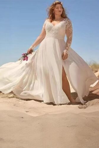Long-Sleeve V-Neck Lace Bodice Tulle Gown with High Slit and Long Train for Beach Weddings